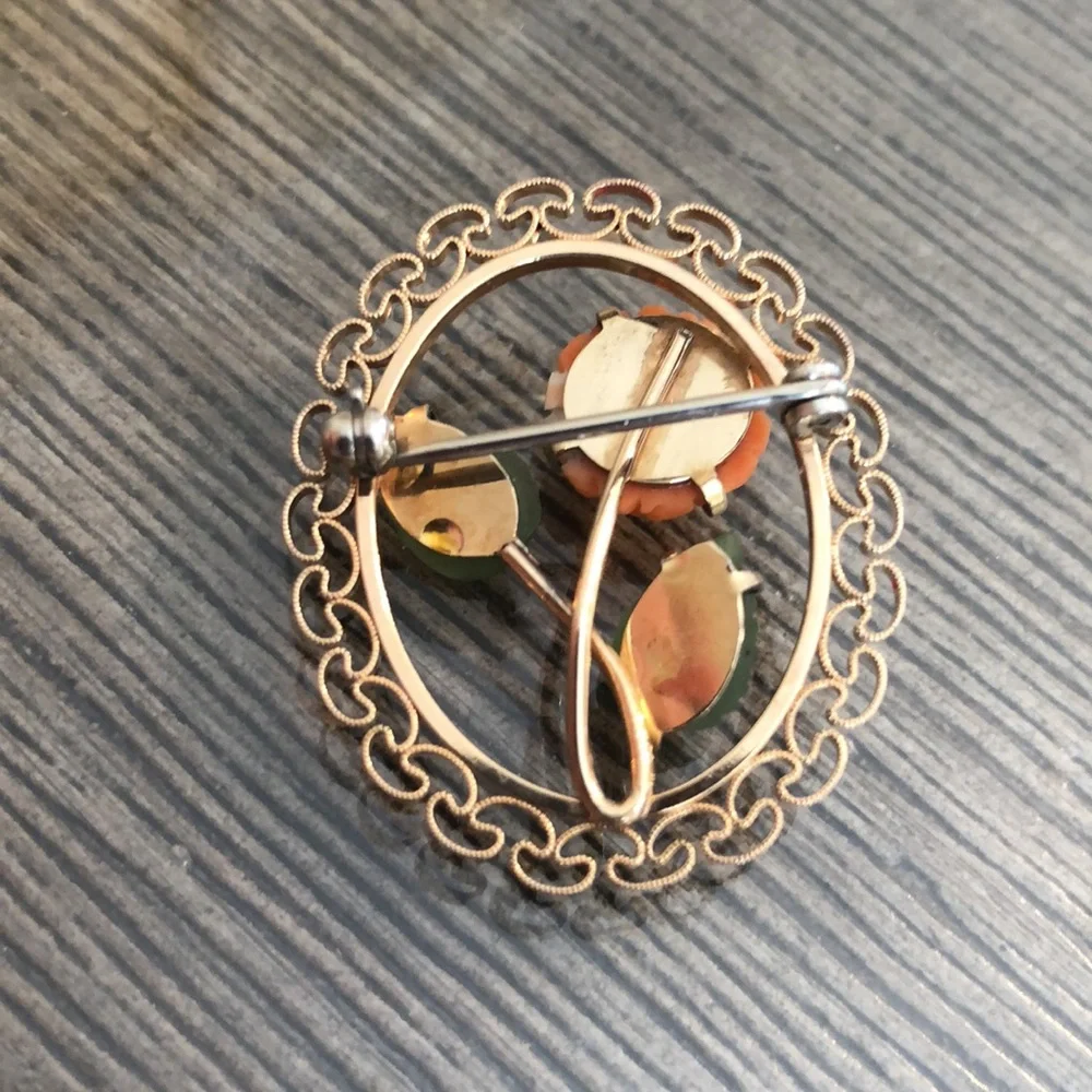 Vintage Gold Plated Coral Rose and Jade Leaves Pin